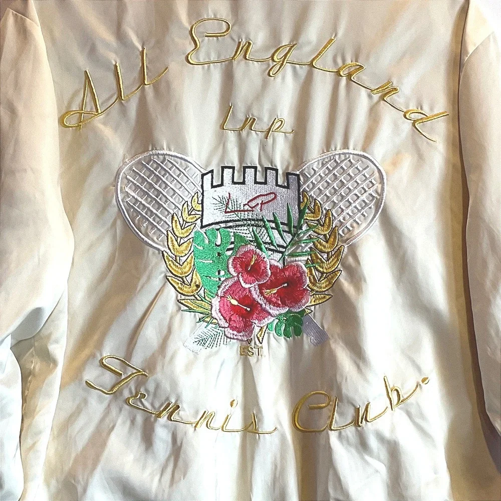 Liquor‎ n poker 'satin' bomber jacket embroidered zip tennis club Men XS Women S